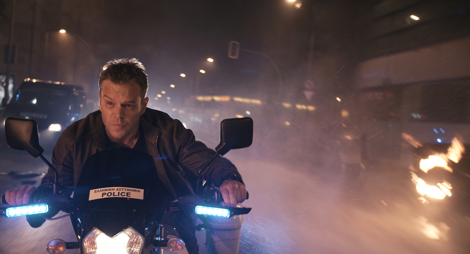 Matt Damon on a motorcycle in Athens in Jason Bourne (2016)