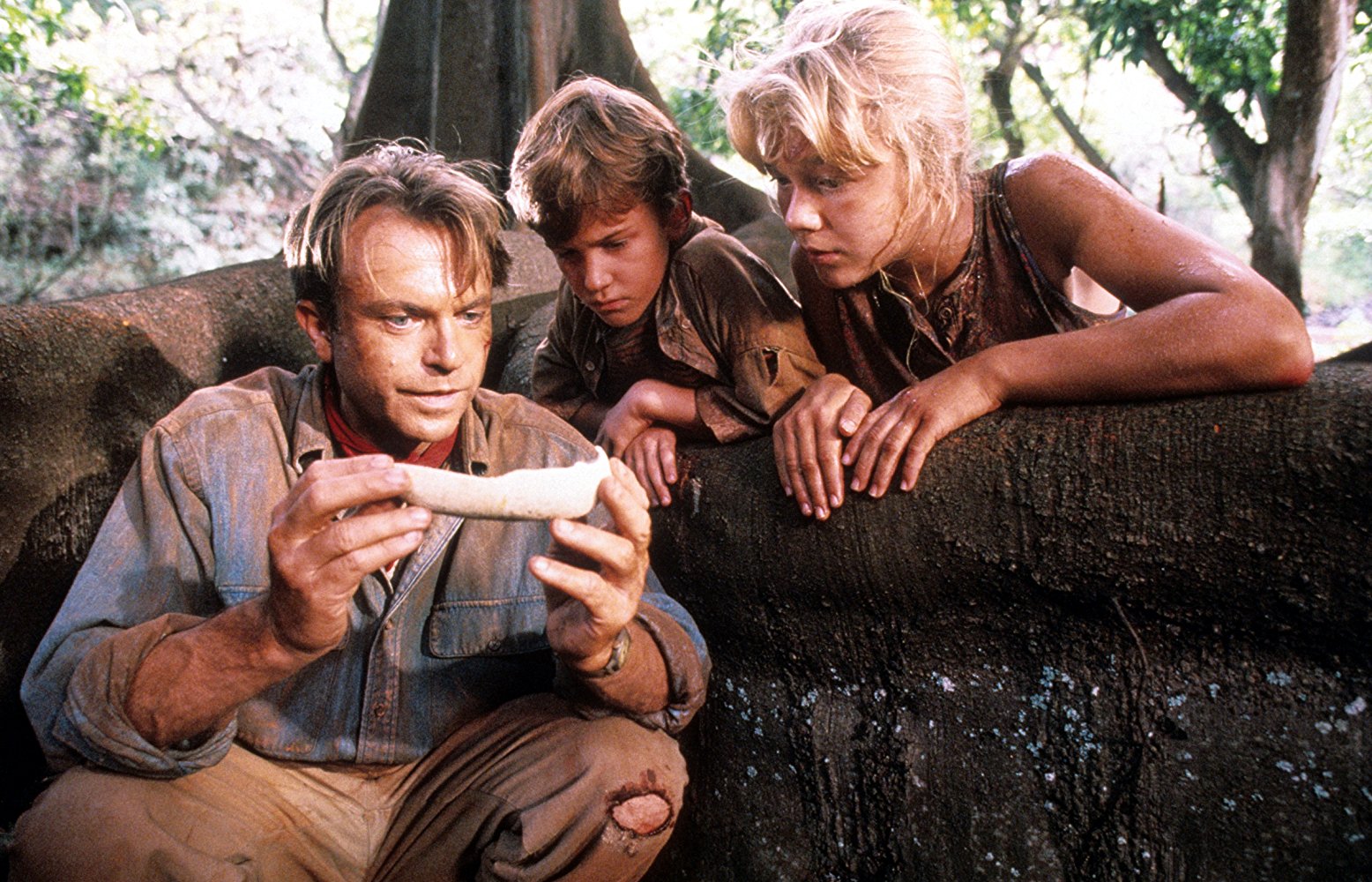Sam Neill, Joseph Mazzello, and Ariana Richards look at a dinosaur bone in JURASSIC PARK (1993)